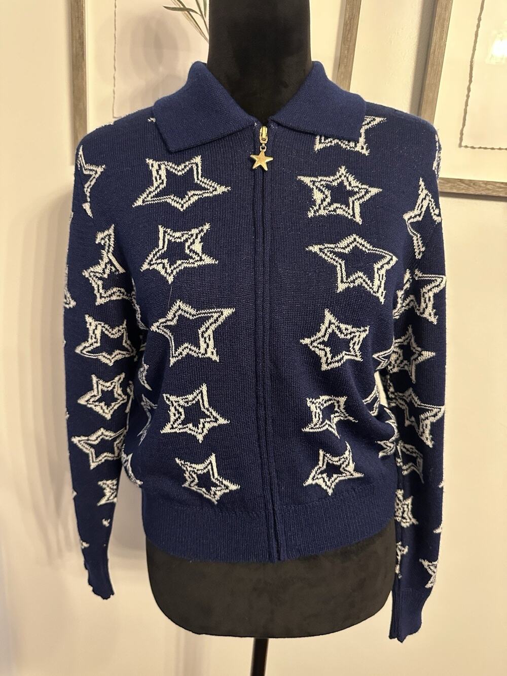 Vintage San Remo Sweater Full Zip Cardigan Navy White Stars Women Large Petite